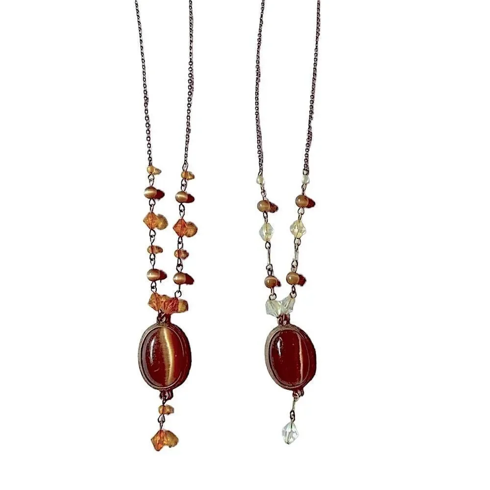 Pair of Brown Tigers Eye Jeweled beaded and silver tone Necklaces.